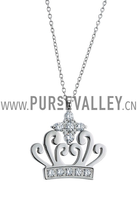 Cartier Silver Necklace With Diamond Encrusted Crown Pendant