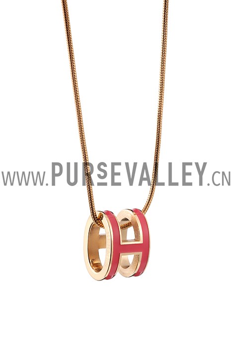 Hermes Pop H Pink Enamel Gold Handware Necklace 700622