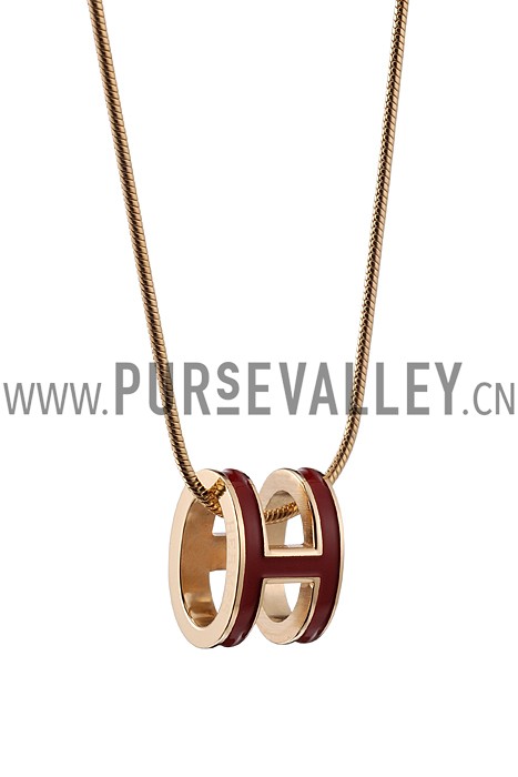 Hermes Pop H Dark Red Enamel Gold Handware Necklace 700623