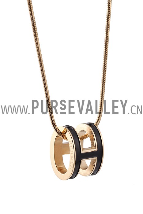 Hermes Pop H Black Enamel Gold Handware Necklace 700621