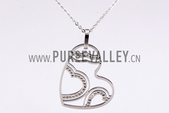 Cartier Replica Diamond Embellished Cutwork Heart Pendant Sterling Silver Fine Chain Necklace
