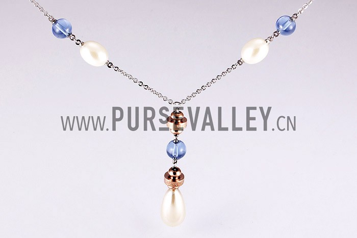 Bvlgari Replica Engraved Rose-Gold & Blue Bead Pearl Drop Sterling Silver Fine Chain Necklace