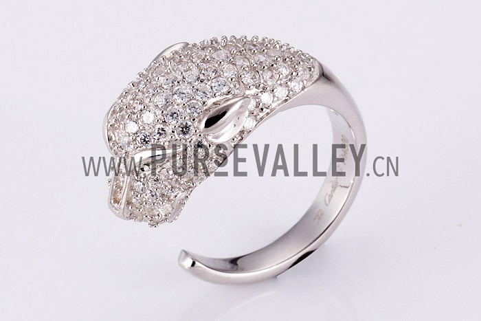 Cartier Replica Diamond Encrusted Leopard Head Sterling Silver Ring