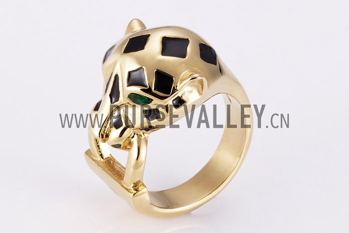 Cartier Replica Emerald-Eyed Leopard Head Enamel Marking Gold Ring