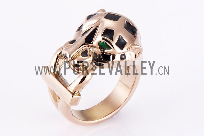 Cartier Replica Emerald-Eyed Leopard Head Enamel Marking Rose-Gold Ring
