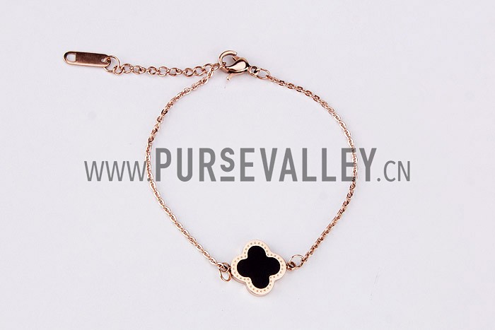 Van Cleef Replica Black Ceramic Centered Rose-Gold Rimmed Flower Charms Bracelet