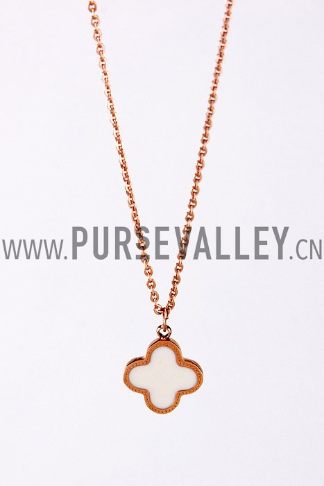 Van Cleef Replica White Ceramic Centered Gold Rimmed Flower Pendant Fine Chain Necklace