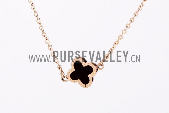 Van Cleef Replica Black Ceramic Centered Gold Rimmed Flower Pendant Two Toned Fine Chain Necklace 2165-361