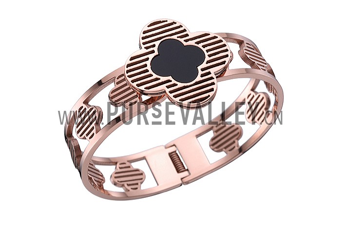 Van Cleef and Arpels Replica Black Enamel Stud Cutwork Rose-Gold Floral Bangle Bracelet