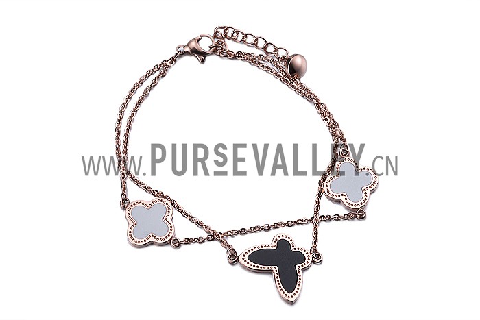 Van Cleef and Arpels Replica Black Enamel Butterfly & White Enamel Floral Charms Bracelet