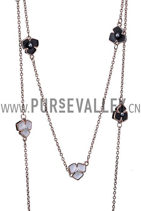 Van Cleef and Arpels Replica Black & White Enamel Floral Charm Fine Chain Necklace