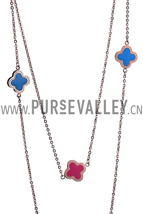 Van Cleef and Arpels Replica Pink & Blue Enamel Floral Charm Fine Chain Necklace