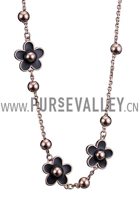 Van Cleef and Arpels Replica Black Enamel Floral Charm & Silver Beads Heavy Chain Necklace