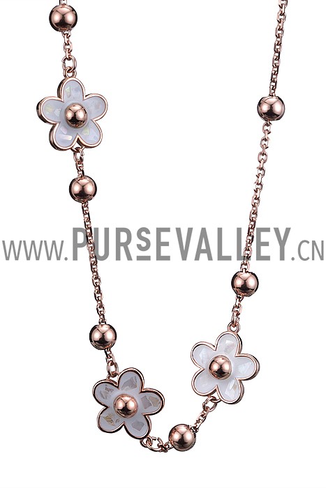 Van Cleef and Arpels Replica White Enamel Floral Charm & Silver Beads Heavy Chain Necklace