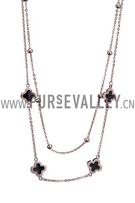 Van Cleef and Arpels Replica Black Enamel Floral Charm & Silver Beads Double Fine Chain Necklace