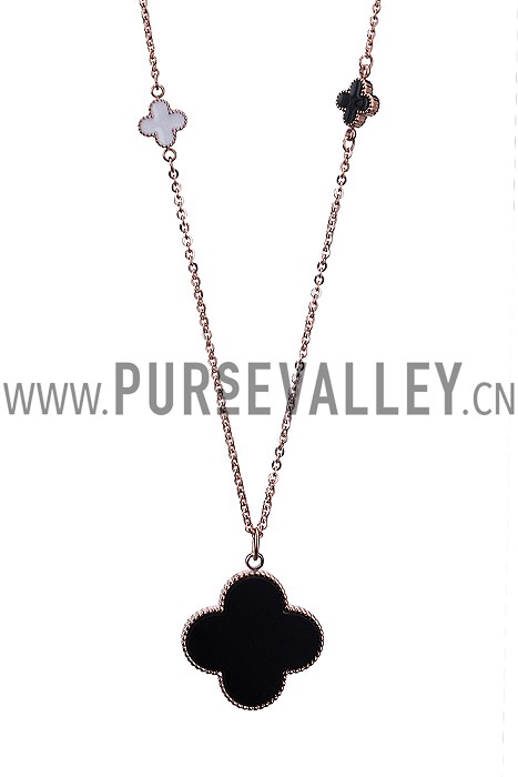 Van Cleef and Arpels Replica Black Enamel Floral Pendant Heavy Chain Necklace