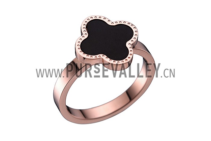 Van Cleef and Arpels Replica Black Enamel Stud Floral Center Rose-Gold Ring
