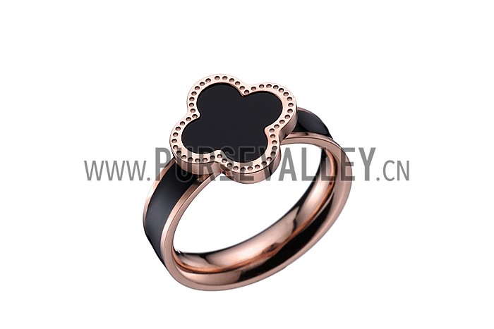 Van Cleef and Arpels Replica Black Enamel Stud Floral Center & Rim Rose-Gold Ring