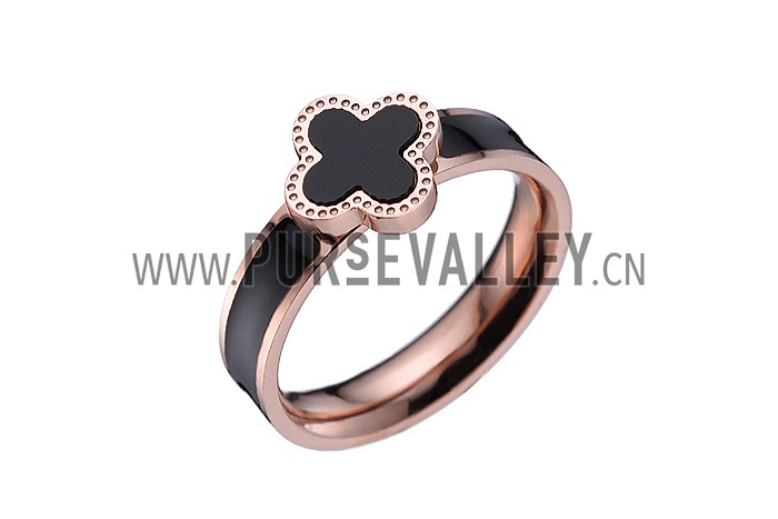 Van Cleef and Arpels Replica Black Enamel Stud Floral Center Slim Rose-Gold Ring