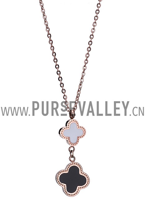 Van Cleef and Arpels Replica Black & White Enamel Long Floral Pendant Fine Chain Necklace