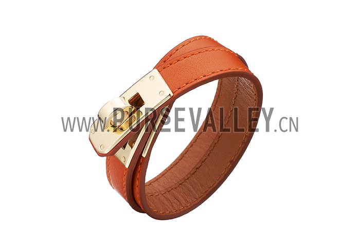 Hermes Replica Double Wrap Strap Brass Turnlock Closure Orange Leather Bracelet