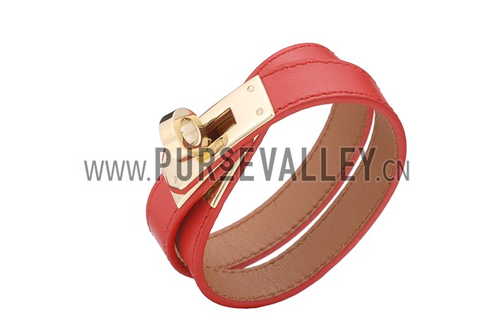 Hermes Replica Double Wrap Strap Brass Turnlock Closure Red Leather Bracelet