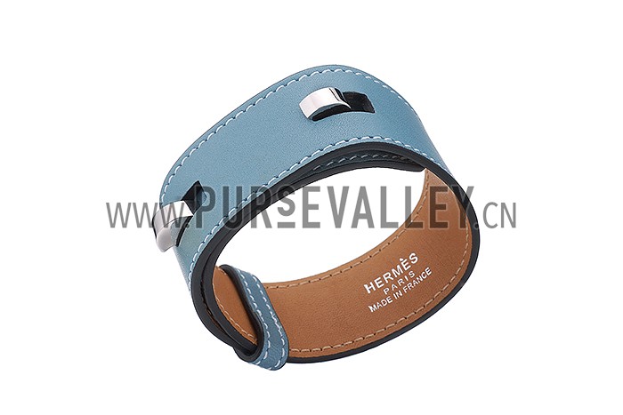 Hermes Replica Blue Cuff-Like Silver Hook Clasp Leather Bracelet
