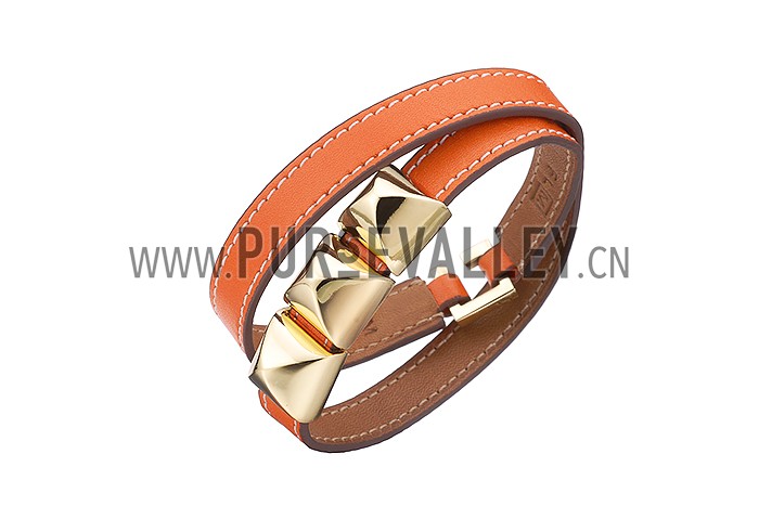 Hermes Replica Gold Pyramid Stud Accent Slim Orange Double Wrap Leather Bracelet