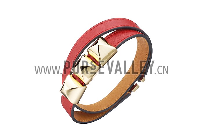 Hermes Replica Gold Pyramid Stud Accent Slim Red Double Wrap Leather Bracelet