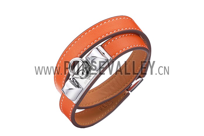 Hermes Replica Silver Pyramid Accent Cadena Lock Slim Orange Leather Bracelet