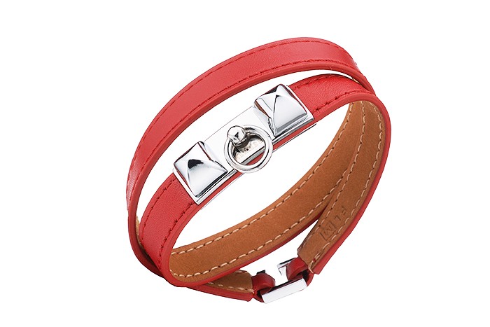 Hermes Replica Silver Pyramid Accent Cadena Lock Slim Red Leather Bracelet