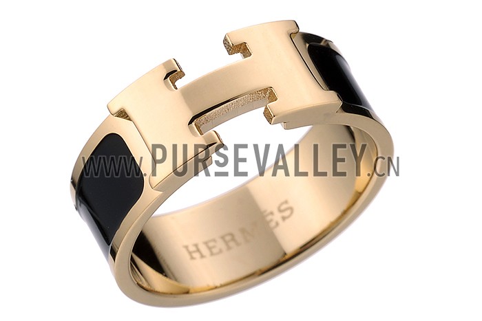 Hermes Replica Black Ceramic Logo Cut Gold Ring