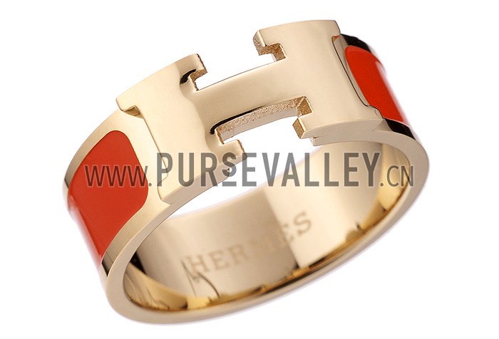 Hermes Replica Orange Ceramic Logo Cut Gold Ring