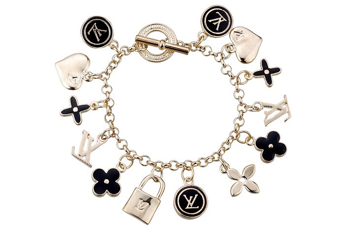 Louis Vuitton Replica Black Enameled Classic LV Monogram Gold Charm Bracelet 2165-82