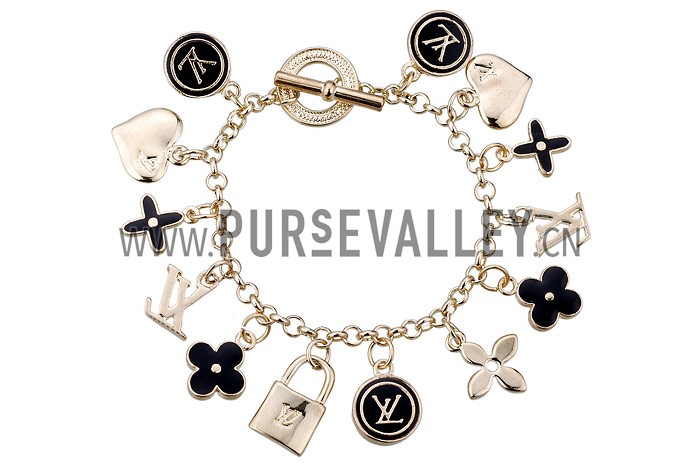 Louis Vuitton Replica Black Enameled Classic LV Monogram Gold Charm Bracelet 2165-82