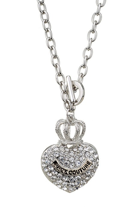Juicy Couture Replica Crystal Studded Crown Heart Pendant Silver Fine Chain Necklace