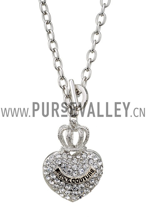 Juicy Couture Replica Crystal Studded Crown Heart Pendant Silver Fine Chain Necklace