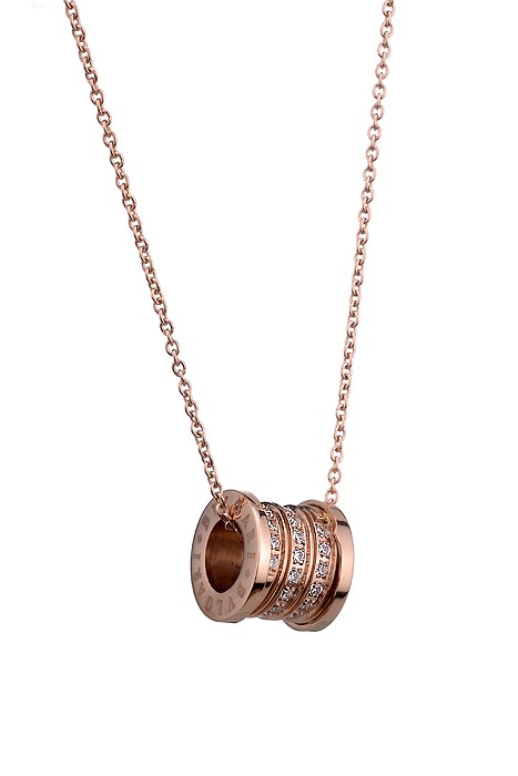 BVLGARI Inscribed White Crystal Stud Spool Pendant Rose Gold Plated Fine Chain Necklace