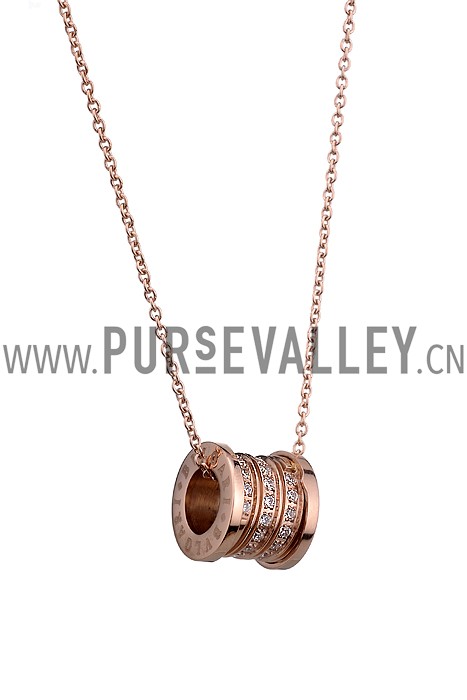 BVLGARI Inscribed White Crystal Stud Spool Pendant Rose Gold Plated Fine Chain Necklace
