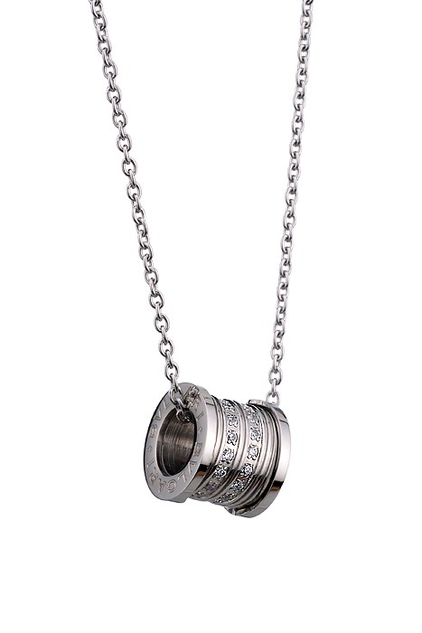 BVLGARI Inscribed White Crystal Stud Spool Pendant Sterling Silver Fine Chain Necklace