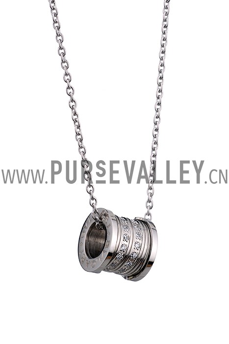 BVLGARI Inscribed White Crystal Stud Spool Pendant Sterling Silver Fine Chain Necklace