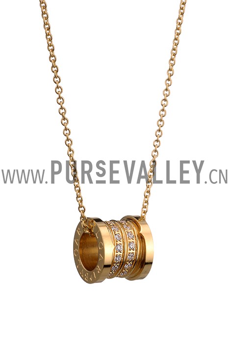 BVLGARI Inscribed White Crystal Stud Spool Pendant Yellow Gold Plated Fine Chain Necklace