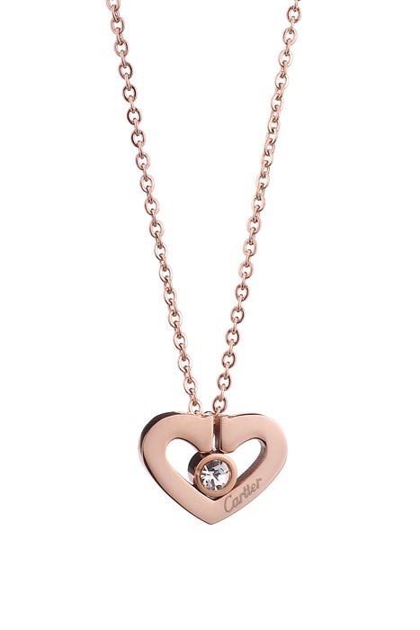Cartier Replica Crystal Stud Cutwork Rose Gold Heart Pendant Fine Chain Necklace