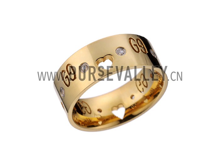 Gucci Replica Logo Engraved Crystal Stud Heart Cutwork Gold Ring