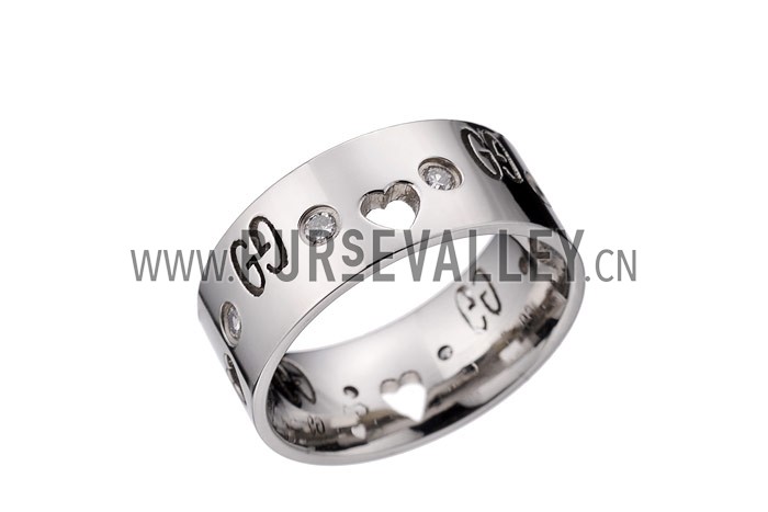 Gucci Replica Logo Engraved Crystal Stud Heart Cutwork Sterling Silver Ring