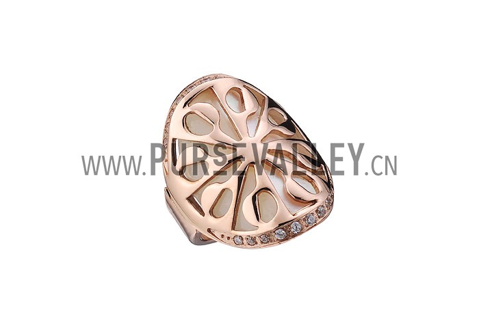 Bvlgari Replica Crystal Encrusted Mother Of Pearl Based Floral Carved Rose Gold Ring