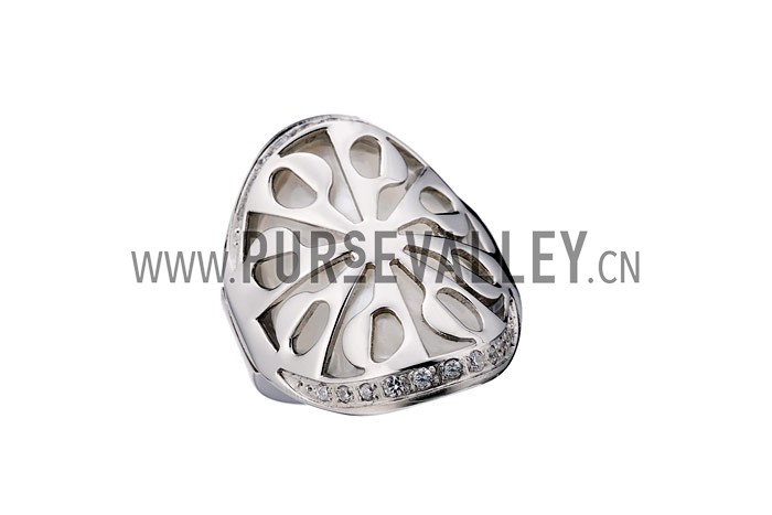 Bvlgari Replica Crystal Encrusted Mother Of Pearl Based Floral Carved Silver Ring