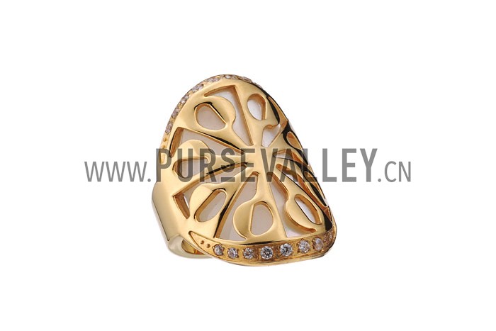 Bvlgari Replica Crystal Encrusted Mother Of Pearl Based Floral Carved Gold Ring
