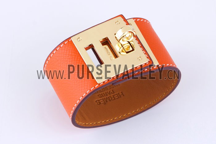 Hermes Replica Brass Turnlock Closure Wide Orange Leather Bracelet