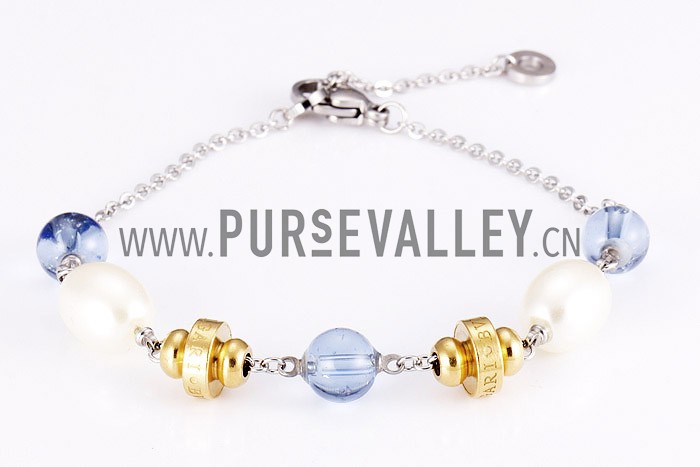 Bvlgari Replica Clear Blue, Pearl & Yellow Gold Bead Sterling Silver Link Bracelet